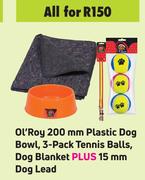 Ol'Roy 200mm Plastic Dog Bowl, 3 Pack Tennis Balls, Dog Blanket Plus 15mm Dog Lead-All For