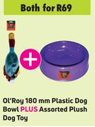 Ol'Roy 180mm Plastic Dog Bowl Plus Assorted Plush Dog Toy-Both For