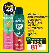 Mitchum Anti-Perspirant Deodorant Body Spray For Men Or Women-For 2 x 150ml