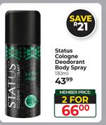 Status Cologne Deodorant Body Spray-For 2 x 130ml