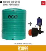 Green Or Beige Water Tank & Pump Combo-2500Ltr
