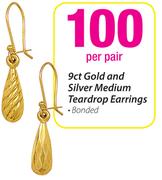 9ct Gold And Silver Medium Teardrop Earrings-Per Pair