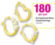9ct Gold And Silver Creole Earrings-Per Pair