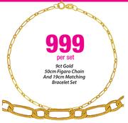 9ct Gold 50cm Figaro Chain And 19cm Matching Bracelet Set-Per Set