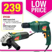 Ryobi 500W Impact Drill Or 650W Angle Grinder-Each