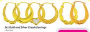 9ct Gold and Silver Creole Earrings-Per Pair