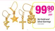 9ct Gold and Silver Earrings-Per Pair