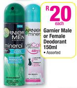 Garnier Male Or Female Deodorant Assorted- 150ml
