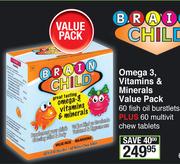Brain Child Omega 3,Vitamin & Minerals Value Pack 60 Fish Oil Burstlets Plus 60 Multivit Chew Tablet
