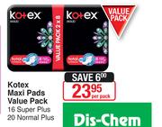 Kotex Maxi Pads Value Pack Super Plus 16's/Normal Plus 20's-Per Pack