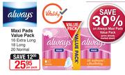 Always Maxi Pads Value Pack Extra Long 16's/Long 18's/Normal 20's-Per Pack