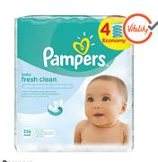 Pampers Baby Wipes Economy Pack Fresh Clean 4 X 64 Wipes Or Sensitive 4 x 56 Wipes-Per Pack