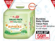 Bumbies Baby Wipes Value Pack Normal Or Sensitive 4 x 60 Wipes-Per Pack