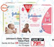 Johnson's Baby Wipes Value Pack Gentle All Over Or Cotton Touch 4 x 72 Wipes-Per Pack
