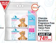 Cherubs Sensitive Fragrance Free Baby Wipes Value Pack 6 x 72 Wipes-Per Pack
