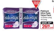Always Platinum Ultra Pads Value Pack 14 Extra Long, 16 Long-Per Pack