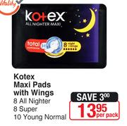 Kotex Maxi Pads With Wings 8 All Nighter 8 Super 10 Young Normal-Per Pack