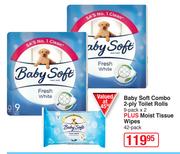 Baby Soft Combo 2 Ply Toilet RollS 9 Pack x 2 Plus Moist Tissue Wipes 42 Packs-For Both