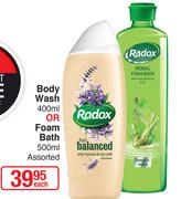 Radox Body Wash-400ml Or Foam Bath-500ml Assorted-Each