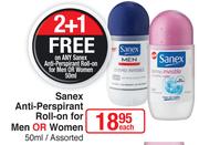 Sanex Anti-Perspirant Roll On For Men Or Women Assorted-50ml Each