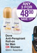 Dove Anti-Perspirant Roll-On For men Or Women 50ml-For Any 3