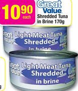 Great Value Shredded Tuna In Brine - 170g Each