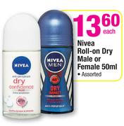 Nivea Roll-On Dry Male Or Female Assorted-50ml Each.