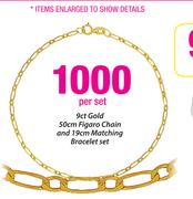 9ct Gold 50cm Figaro Chain And 19 cm Matching Bracelet Set.