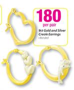 9ct Gold And Silver Creole Earrings Bonded-Per Pair