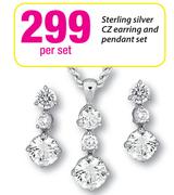 Sterling Silver CZ Earring And Pendant Set-Per Set