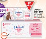 Johnson's Baby Wipes Value Pack Gentle All Over Or Cottontouch-6 x 72 Wipes-For 1