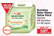 Bumbies Baby Wipes Value Pack Normal Or Sensitive-4 x 60 Wipes Per Pack