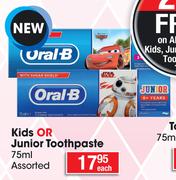 Oral-B Kids Or Junior Toothpaste Assorted-75ml Each