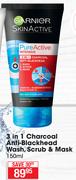 Garnier Skin Active 3 In 1 Charcoal Anti Blackhead Wash, Scrub & Mask-150ml