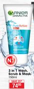 Garnier Skin Active 3 In 1 Wash, Scrub & Mask-150ml