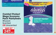 Always Comfort Protect Mega Economy Pack Pantyliners 80 Pack Scented Or Unscented-Per Pack