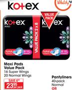 Kotex Maxi Pads Value Pack 16 Super Wings /20 Normal Wings-Per Pack