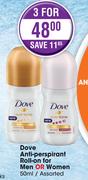 Dove Anti Perspirant Roll On For Men Or Women Assorted-3 x 50ml