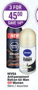 Nivea Anti Perspirant Roll On For Men Or Women Assorted-3 x 50ml 