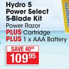 Schick Hydro 5 Power Select Kit 5-Blade Power Razor Plus Cartridge Plus 1 X AAA Battery