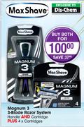 Maxshave Magnum 3 Razor System Handle 3-Blade And Cartridge+Cartridges 4's