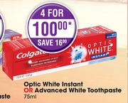 Colgate Optic White Instant Or Advanced White Toothpaste-4 x 75ml
