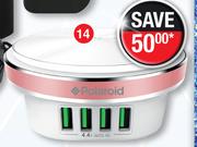 Polaroid 4 Port USB Charger With LED Press Lamp