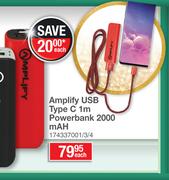 Amplify USB Type C 1m Powerbank 2000mAh-Each
