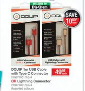 Dquip 1m USB Cable Type C Connector Or Lighting Connector Assorted Colours-Each