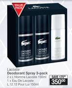 Lacoste Deodorant Spray 3 Pack (2x L'Homme Lacoste 150ml, 1x Eau De Lacoste, L.12.12 Pour Lui 150ml)