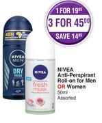 Nivea Anti-Perspirant Roll-On For Men Or Women 50ml Assorted-For 3