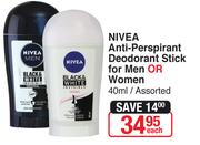 Nivea Anti-Perspirant Deosorant Stick For Men Or Women 40ml Assorted-Each