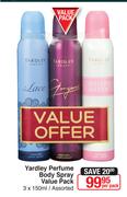Yardley Perfume Body Spray Value Pack 3x150ml Assorted-Per Pack