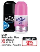 MUM Roll-On For Men Or Women Or MUM 21 45ml Or 50ml Assorted-Each